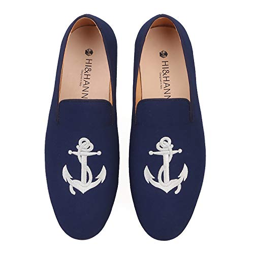 HI&HANN Men Canvas Loafers with Anchor Embroidery Shoes Slip-on Dress Loafer Smoking Slipper Male's Flats