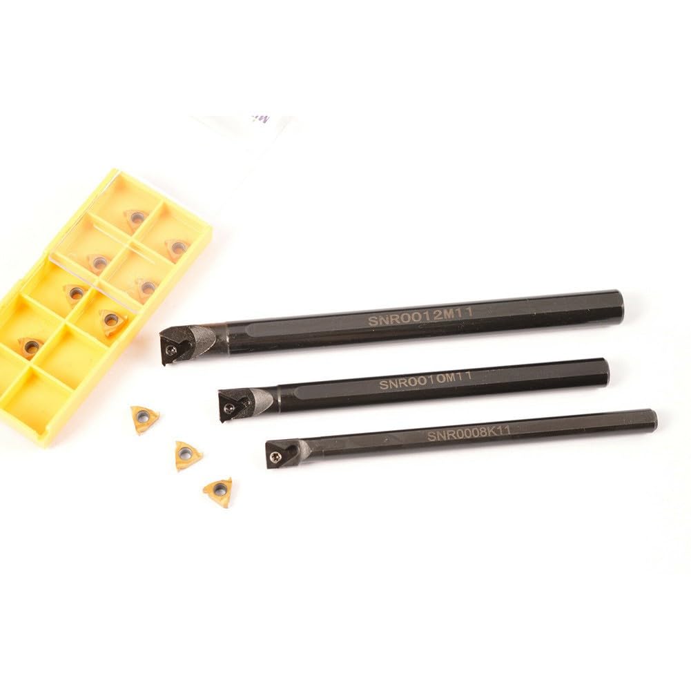 Set di 3 portautensili per filettatura interna da 8 mm, 10 mm, 12 mm, SNR0008K11 SNR0010K11 SNR0012M11 con 10 inserti in carburo 11IR AG60 per semifinitura