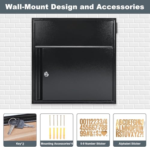 Image of Large Wall Mount Mailbox with Lock and Outgoing Mail Flag, Rainproof | 14.8 inch x 6.9 inch x 15.4 inch, Steel Locking Security, For House Outside, Number Stickers Included, Black