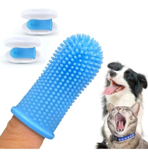 Image of Gomoly Pet Toothbrush, 360 Dog Tooth Cleaning Set, Cat Finger Cover Toot-hbrush for Cleaning Tongue Coating and Tooth Care, Pet Silicone Finger Cover Toothbrush Set of 2 with Case (Blue),Large