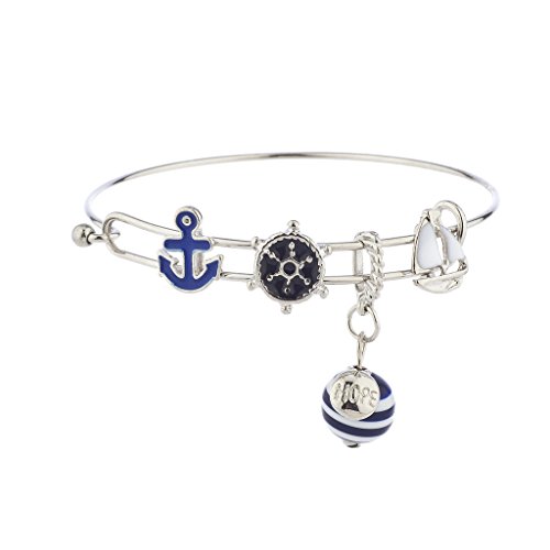 LUX ACCESSORIES Silver Tone Nautical Blue White Anchor Sailboat Charm Bracelet
