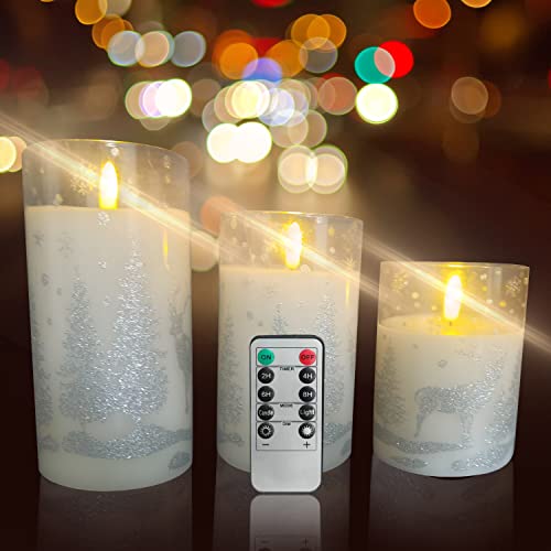 Picokolomo Christmas Flameless Candles,Battery Operated Flickering Wick Real Wax Led White Candles Deer Decal Warm Light Christmas Holiday Decor(3 X 4,5,6 Inches) #TOP5