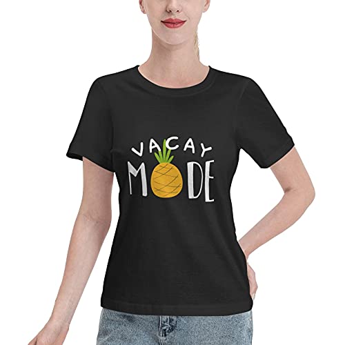 CEDY Women's Vacay Mode Graphic Funny Crew T-Shirt Cotton Short Sleeve Tee S-XXL Black