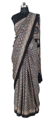 Image of Ethnics of Kutch Womenss Ajrakh Modal Silk Natural Dye Hand Block Print Saree with Blouse Piece - 5.5 Mtr Length
