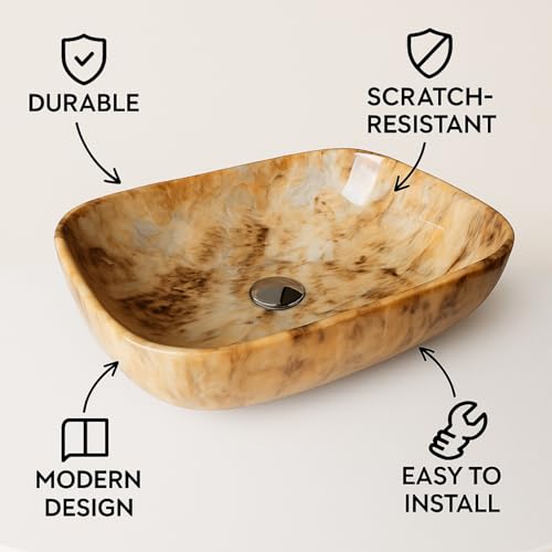 Image of Ceramic Tabletop Wash Basin - Glossy Rectangular Countertop Vessel Sink with Marble Finish for Bathroom & Vanity | Compact 18 x 13 x 5 Inch | Elegant Washbasin