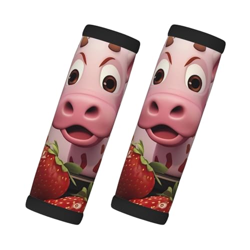 2 Pcs Luggage Handle Wraps, Pink Cow with Strawberries Print Grip Handle Cover/Travel Bag Identifier for Suitcase Accessories