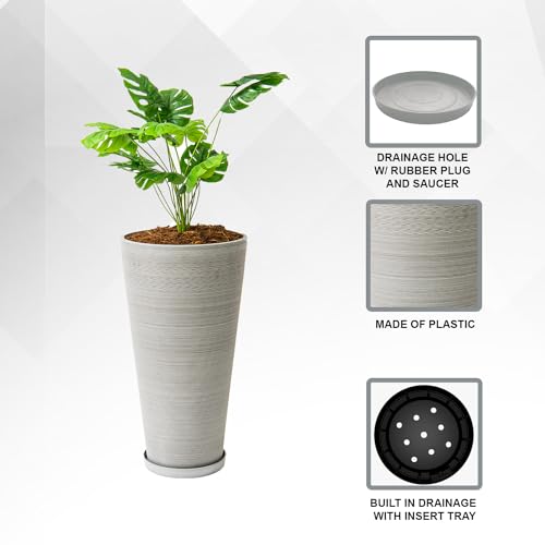 XBrand Modern 28-Inch Tall Round Planter, Modern Tapered Planter Perfect for Indoor & Outdoor Planter, Patio Décor, Set of 2, Gray by XBrand - Image 8