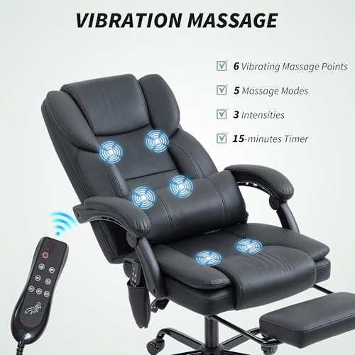 Image of HOMCOM Massage Office Chair with Foot Rest and 6 Points Vibration, Executive Office Desk Chair with Scratch-Resistant Faux Leather, Reclining Back, Comfy Lumbar Support, Remote, Black