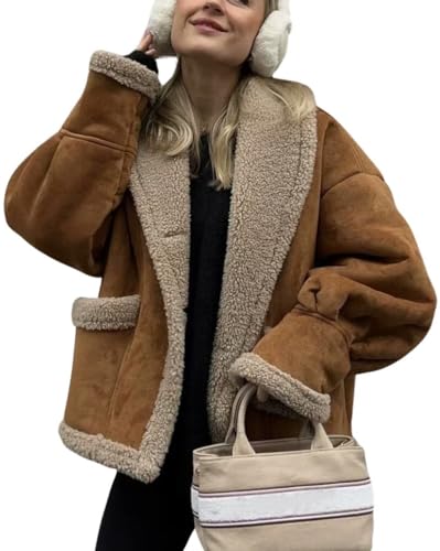 chouyatou Women's Winter Casual Faux Suede Leather Jacket Button Down Fuzzy Sherpa Lined Jacket Coat