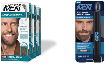 Just For Men Mustache & Beard,Medium Brown, M-35, Pack of 3 + Just for Men 1-Day Beard & Brow Color, Temporary Color for Beard and Eyebrows, Up to 30 Applications, Medium Brown