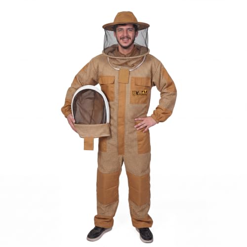 USKEEPERS 3-Layer Ultra Ventilated Sting Proof Bee Suit for Men & Women – Premium Beekeeping Suit with Bee Gloves & Two Detachable Beekeeping Veils (Brown L)