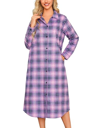 ENJOYNIGHT Nachthemd Damen Lang Flanell Schlafshirt Langarm Sleepshirt Knopfleiste Nachtwäsche Hauskleid mit Taschen(Small,Lila Kariert)