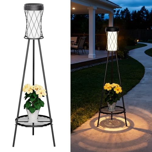 OUSFOT Lampe Solaire Exterieur avec USB sur Pied, Étanche Eclairage Exterieur Solaire avec Trois Réglages de Température de Couleur, lampadaire Luminaire...
