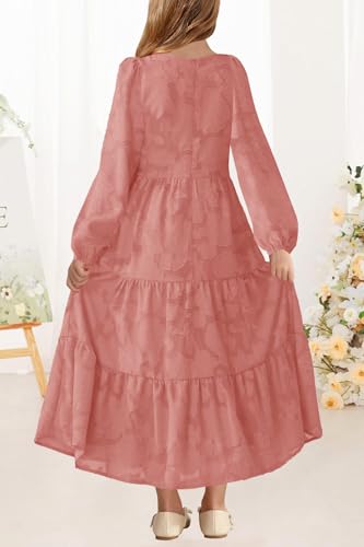 MITILLY Girls Fall Long Sleeve Dress Boho Flower A-Line Ruffle Tiered Flowy Maxi Dresses for Wedding Party 6-12 Years3