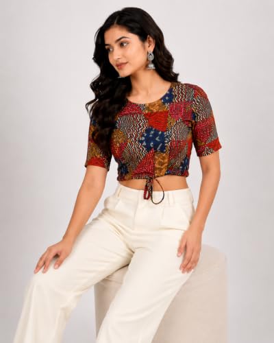 Image of Yash Gallery Women's Cotton Zig-Zag Printed Regular Regular Fit Short Sleeve Blouse