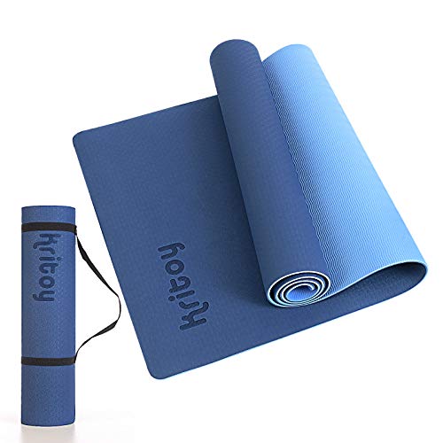 KRITOY Yoga Mats for Women, Fitness Exercise Mats for Home, Workout Mat for Men, Eco-Friendly Non-Slip GYM Mat, Pilates, and Floor Exercises, Classic 1/4 inch, With Carrying Strap(Blue)