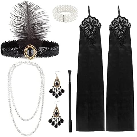 M MUNCASO Damen 1920er Kostüm-Set, 7 Pieces 1920s Accessories set mit Flapper Stirnband Gatsby Feder Schwarze Handschuhe Ohrringe Perlenkette Netzstrumpfhosen (Type2) Cover
