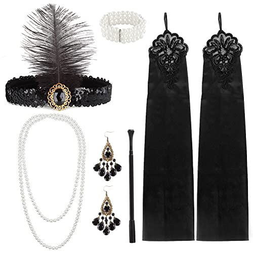 M MUNCASO Damen 1920er Kostüm-Set, 7 Pieces 1920s Accessories set mit Flapper Stirnband Gatsby Feder Schwarze Handschuhe Ohrringe Perlenkette Netzstrumpfhosen (Type2) Cover