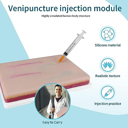Image of IV Practice kit for Venipuncture Training with 2 Veins Imbedded & 2 Red Vessels, 3 Layers Silicone Skin Injection Practice Pad for Medical Students Doctors Nurses Practice(8.62 inchx6 inchx1.34 inch)