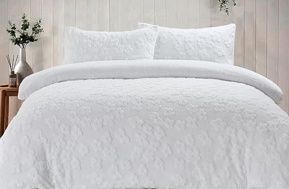 Voice7 Daisy Flowers Embossed Teddy Fleece Duvet Cover Set - Thermal Warm Cosy Super Soft Quilt Covers Winter Bedding Set with Pillowcase (White, Single 135x200cm)