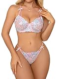 Aranmei Womens Sexy Floral Embroidered Lingerie Set Mesh Sheer Cute Underwire Push Up Bra and Panty Pink Blue