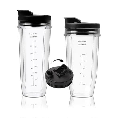 Ninja Blender Cups Replacement Cups Seal Lids, Ninja Blender Accessories Replacement Parts BL660 BL770 BL780 QB3001SS (2 Pcs 24oz + 32oz)