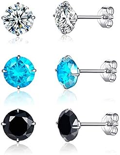 Kämise Silver Stud Earrings for Women, 3 Pairs 925 Sterling Silver Cubic Zirconia Stud Earrings Set, 5mm Small Sleeper Studs, 8 colors in White, Black, Pink, Aquamarine, Red, Green, Sapphire, Purple