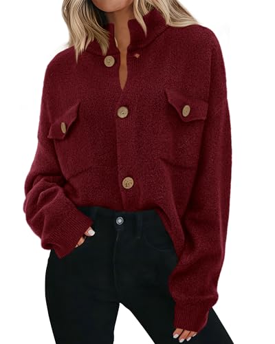 KIRUNDO Cardigans for Women Trendy Button Up Sweater Jackets Mock Neck Long Sleeve Loose Fit Chunky Knit Outwear Coats(Burgundy, XX-Large)