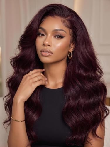 KLAIYI Black Cherry Loose Body Wave Bye Bye Knots Glueless Wig 7x5Precut Lace Front Wigs Human Hair Drawstring Pre Plucked Bleached 30S Ready to Wear and Go Wig with Face Framing Bangs Burgundy 18Inch