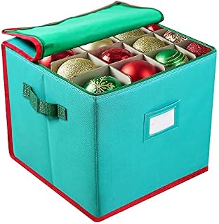 Christmas Oxford Ornament Storage Box with Adjustable Dividers, Hold Up to 64 Ornaments Balls & Christmas Accessories, Ornament Storage Container with Zippered Closure, Two Handles & Card Slot