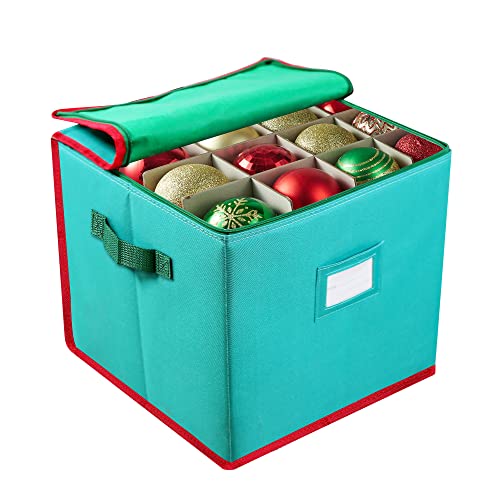 Joiedomi Christmas Ornament Storage Box With Adjustable Dividers, Hold Up To 64 Ornaments Balls & Christmas Accessories, Oxford Ornament Storage Container With Zippered Closure, Two Handles & Card Slot 13X13X13.5"(Blue) #TOP23