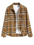 ZAFUL Men's Casual Plaid Pattern Flap Pocket Button Front Woolen Shirt Jacket Tops (Khaki M)