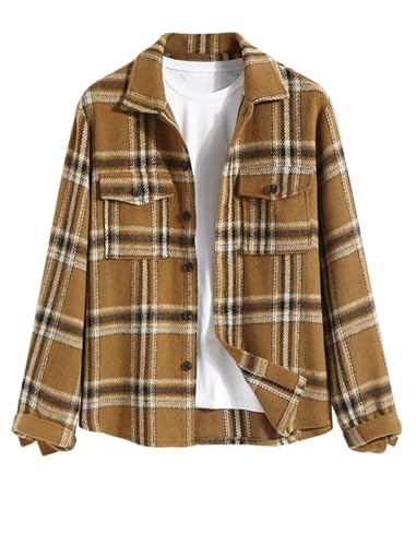 Image of ZAFUL Unisex Plaid Flannel Shirt Jacket Button Down Long Sleeve Pocket Coat Outwear | Mens Fall Clothes Lightweight Long Sleeve Button Down Flap Pocket Jacket Tops for Fall&Winter 2026