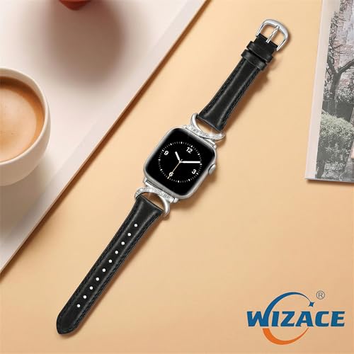 WIAZCE Leather Bands Compatible with Apple Watch Band 38/40/41/42/44/45/46/49mm Women, Slim Thin Dressy Designer Strap with C-Shape Metal Buckle for iWatch Series 11 10 9 8 7 6 5 4 SE/Ultra 3 2 1 (Black/Silver) by WIZACE - Used condition - Image 4