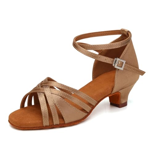 Zapatos de baile latino para niña con tacón bajo y punta abierta