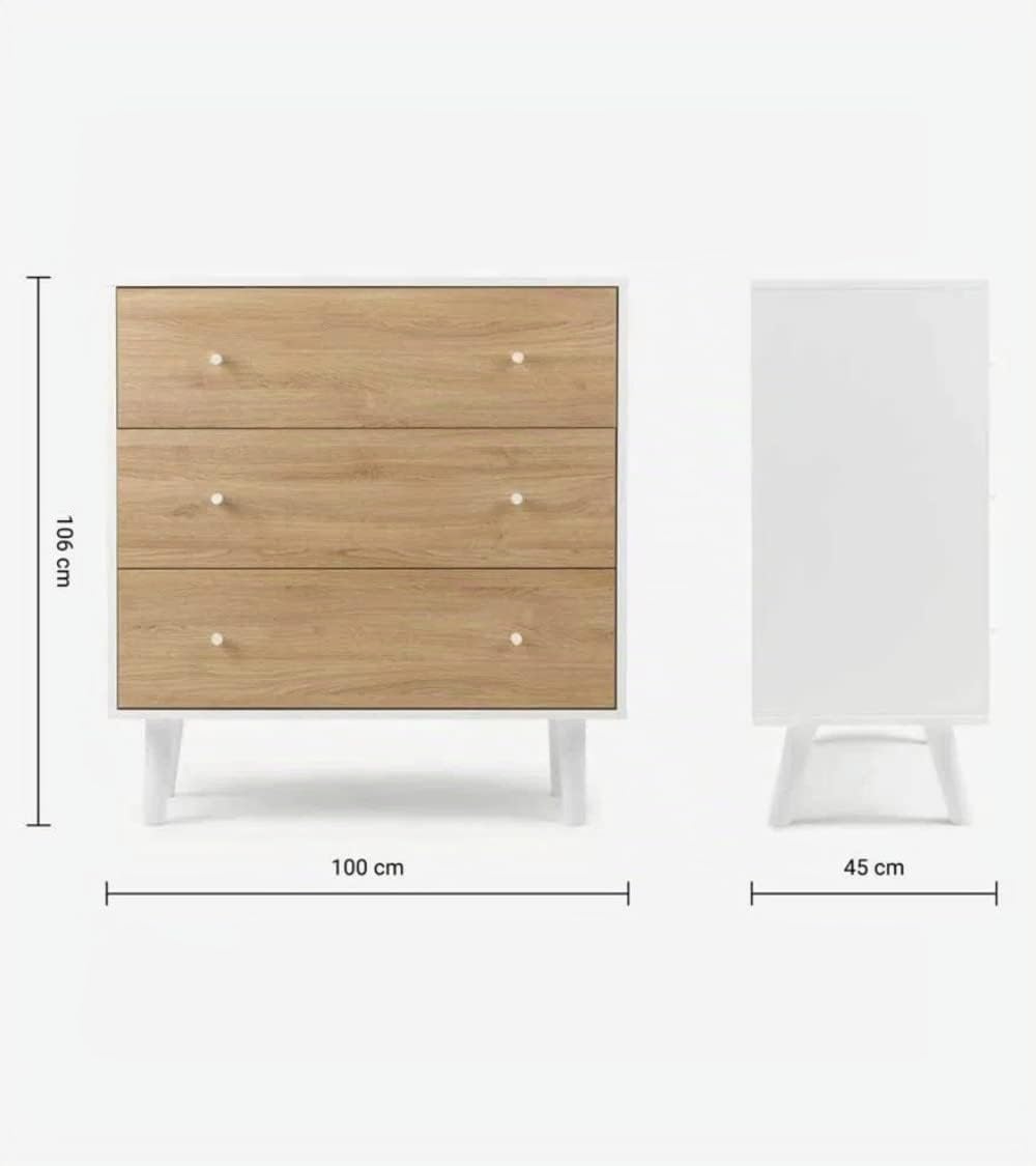 Home Heavenly® - Cómoda Dormitorio 3 cajones Leah, Estilo nórdico, Color Blanco y Roble, 106x100x45 cm.