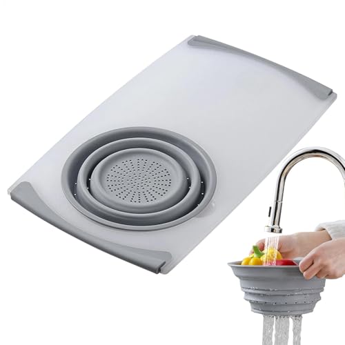 Yianyal Tabla de cortar sobre el fregadero con colador, cesta de drenaje retráctil, tabla de cortar sobre el fregadero, colador de pasta antideslizante plegable para frutas y verduras