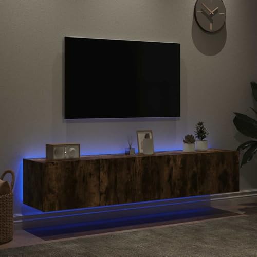 Vorpalize Armario de pared para TV con luces, 2 unidades, roble ahumado, 80 x 35 x 31 cm, mueble bajo para TV, para salón y medios