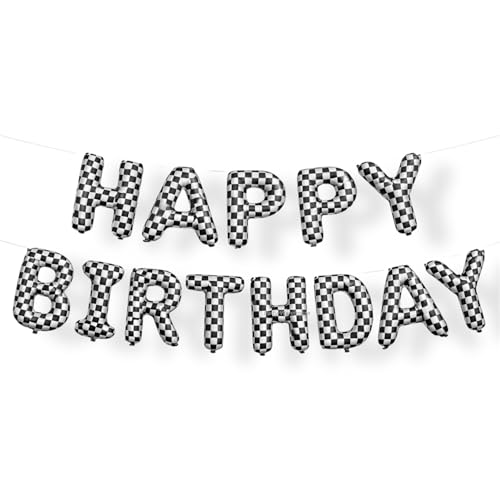 Image of Party Warehouse Happy Birthday Foil Balloon Banner-Black & White Checkered Racing Theme Letter Balloons|Car & Speed Inspired Birthday Decoration for Kids,Teens & Adults|Air Fill Hanging Decor-16 inch
