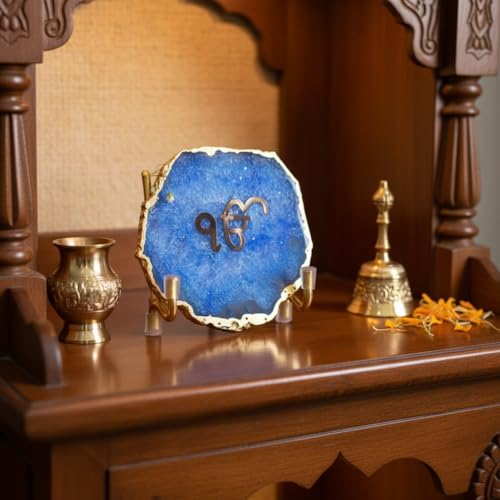 Image of Ik Onkar Metal Holder with Blue Agate, Festive Home Decor Showpiece for Temple, Meditation and Prayer Room, Decorative Corporate Gift for Diwali, Housewarming and Spiritual Spaces