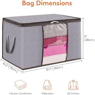 Lifewit 50L Clothes Storage Bags Large Storage Box With Lid Packing Boxes for Moving House With Reinforced Handle Thick Fabric Clear Window for Clothes Duvet Blankets Bedding, 3 Pack, Light Grey