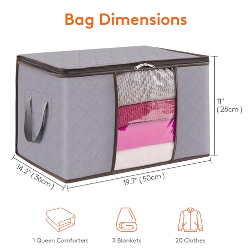 Lifewit 50L Clothes Storage Bags Large Storage Box With Lid Packing Boxes for Moving House With Reinforced Handle Thick Fabric Clear Window for Clothes Duvet Blankets Bedding, 3 Pack, Light Grey