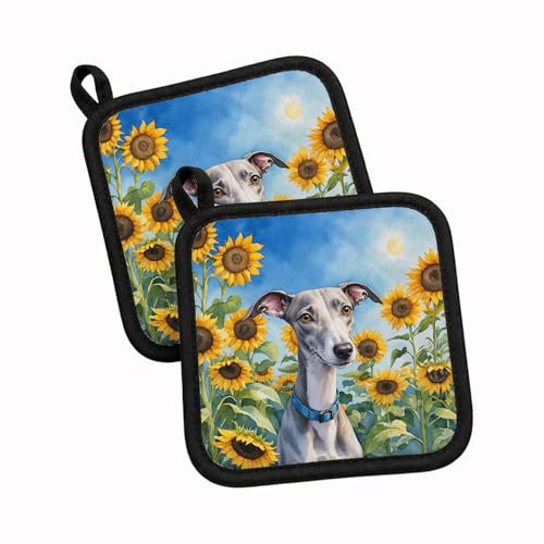 Caroline's Treasures Whippet in Sunflowers Pair of Pot Holders Kitchen Heat Resistant Pot Holders Sets Oven Hot Pads for Cooking Baking BBQ, 7 1/2 x 7 1/2
