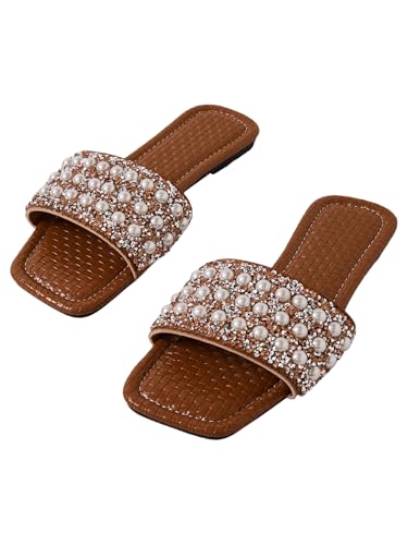 Image of GORGLITTER Women's Sparkly Jeweled Flat Sandals Dressy Open Toe Glitter Shiny Slippers Slip-on Shoes