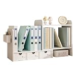 NUODWELL Expandable Desktop Bookshelf with 3 Drawers, Countertop Bookcase Display Rack, Home and Office Supplies Desk Tidy Organiser (White)