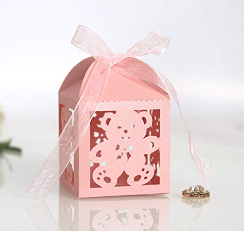 Worldoor 50pcs Laser Cut Baby Teddy Bear Favor Box Treat Goodies Bag Gift Candy Boxes Baby Shower Party Decoration,2.2 x 2.2 x 2.2 Inches (Pink)