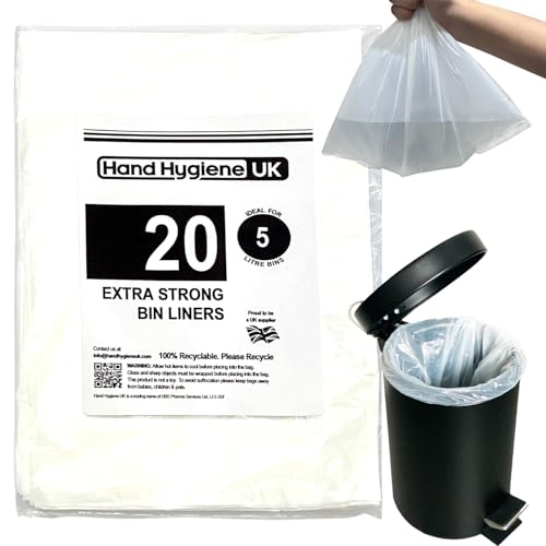 5L Pedal Bin Liners Extra Strong Dustbin Waste Bags Small 5 Liter Trash Bags For Toilet Bedroom Bathroom Hotels Garbage White Refuse Sacks For Rubbish 5 Litre - 20 Count