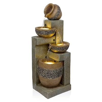 Alpine Corporation TVH244 39" Outdoor 4-Tier Cascading Pots Water Fountain with LED Lights – Freestanding Garden Water Feature for Patios, Yards, and Landscaping, Gray