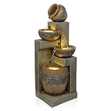Alpine Corporation TVH244 39' Outdoor 4-Tier Cascading Pots Water Fountain with LED Lights – Freestanding Garden Water Feature for Patios, Yards, and Landscaping, Gray
