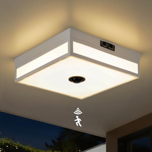 ZORYATA Motion Sensor Outdoor Light, Flush Mount Ceiling Fixture with 24W LED, Dusk to Dawn, Adjustable 3CCT, White Exterior with Acrylic Diffuser, for Porch, Garage, Entryway, Patio Lighting